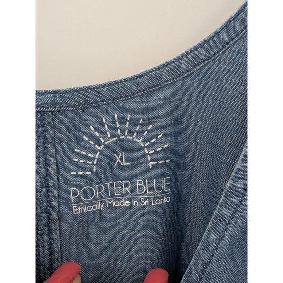 Porter Blue Chambray Tank Top Women Size XL Cropped Coastal Festival Resort Boho - Picture 7 of 9